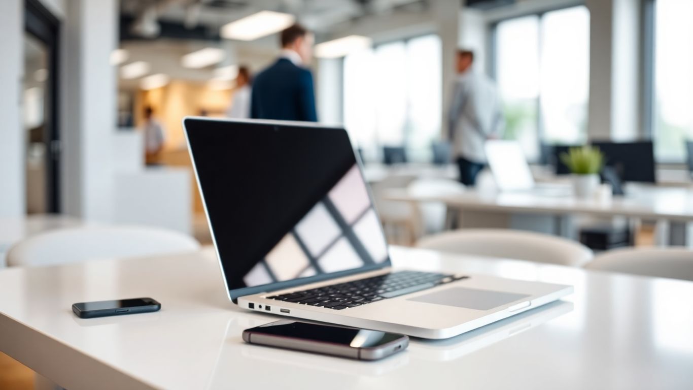 Talkdesk logo on a modern office desk with a laptop.