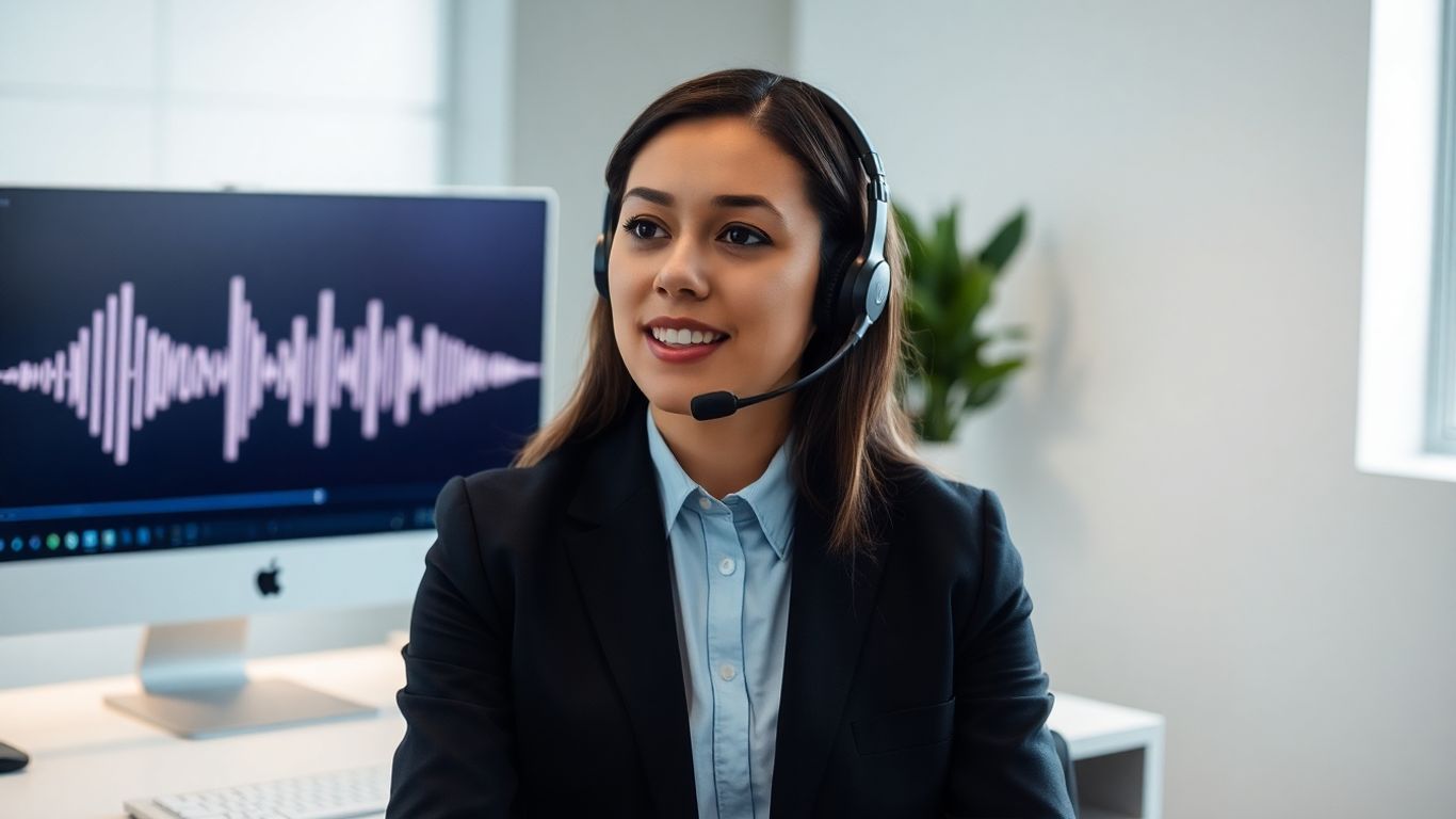 Person speaking into a headset, sound waves on screen.