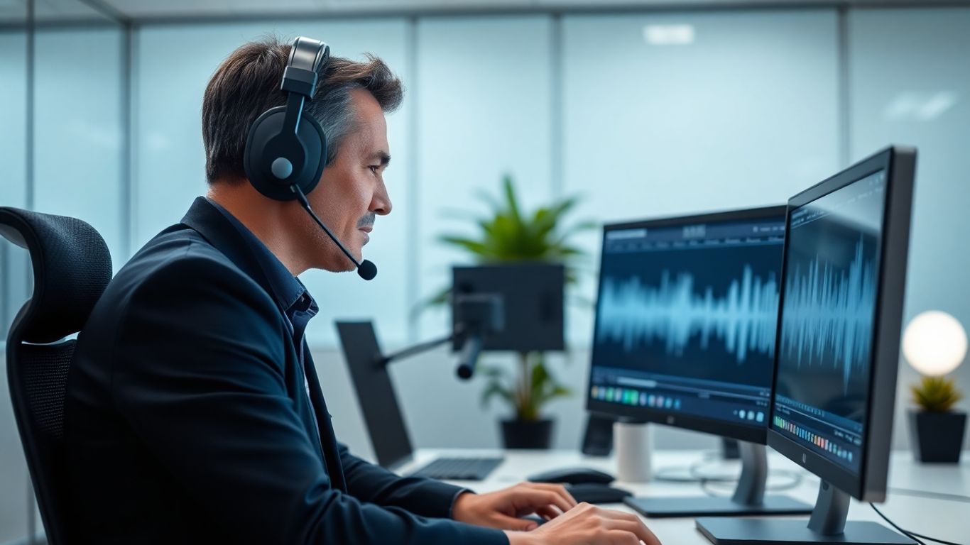 Person using a phone system headset and computer.
