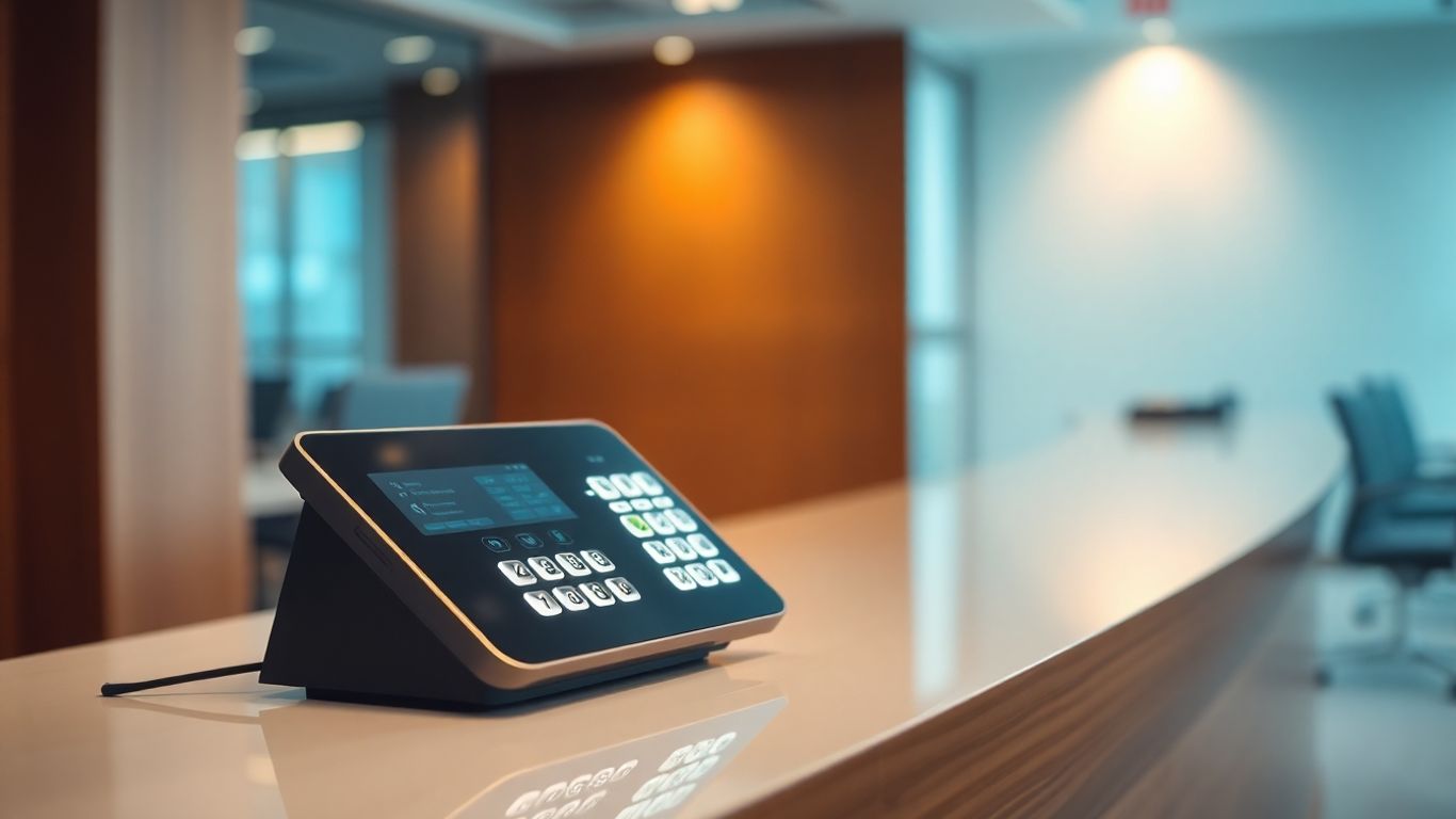 Modern phone system at a reception desk.