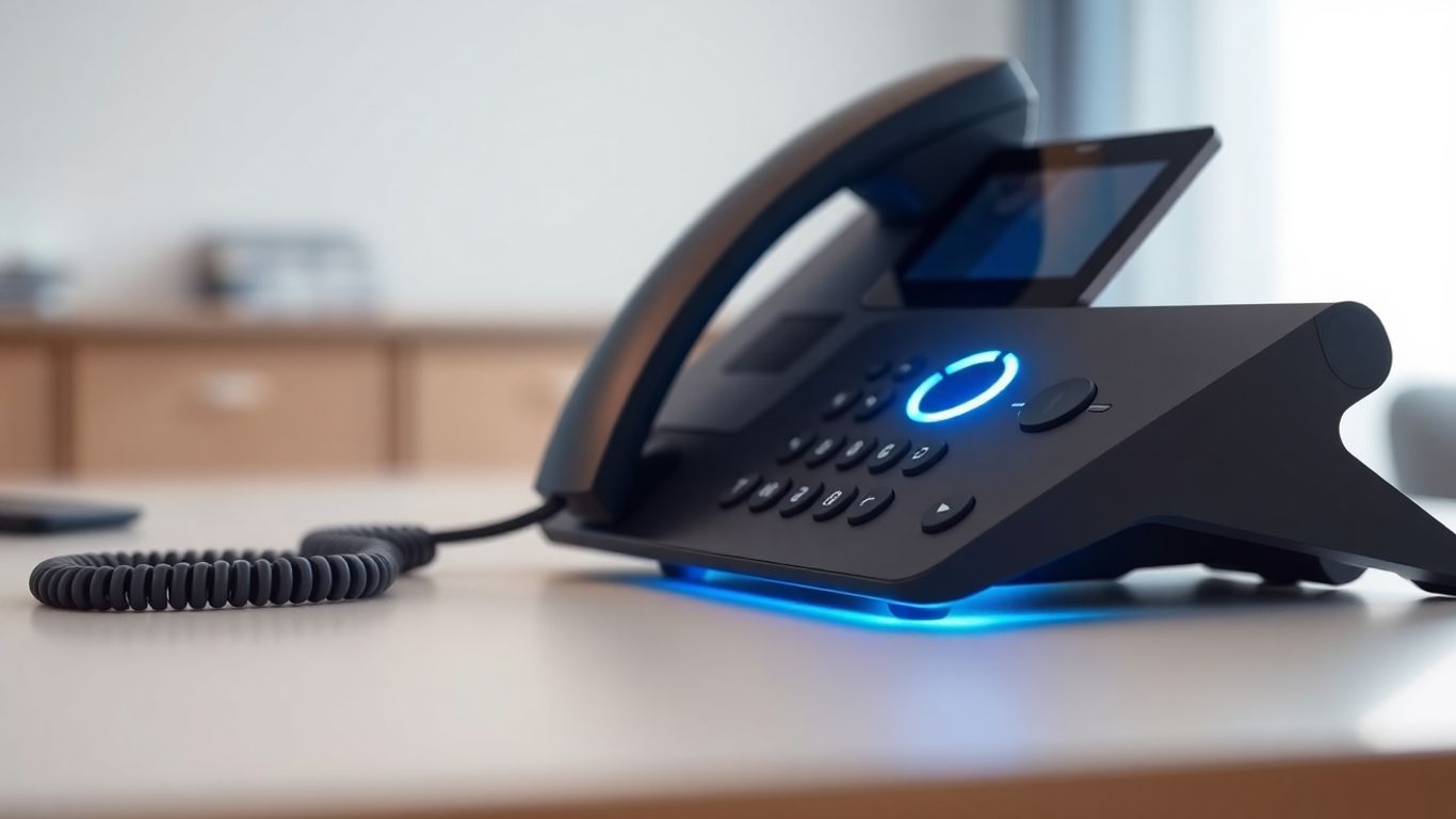 Modern telephone on an office desk with a blue glow.