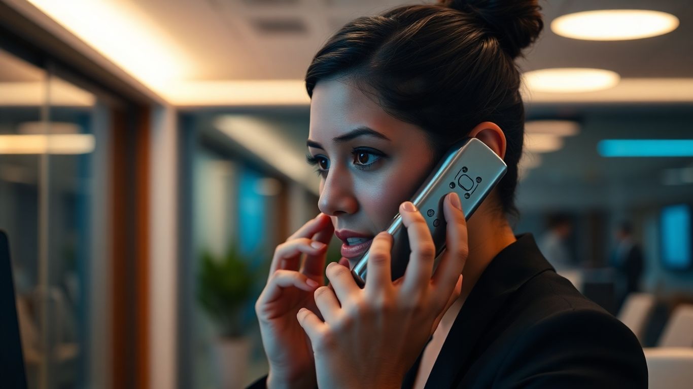 Person using a business phone line for communication.