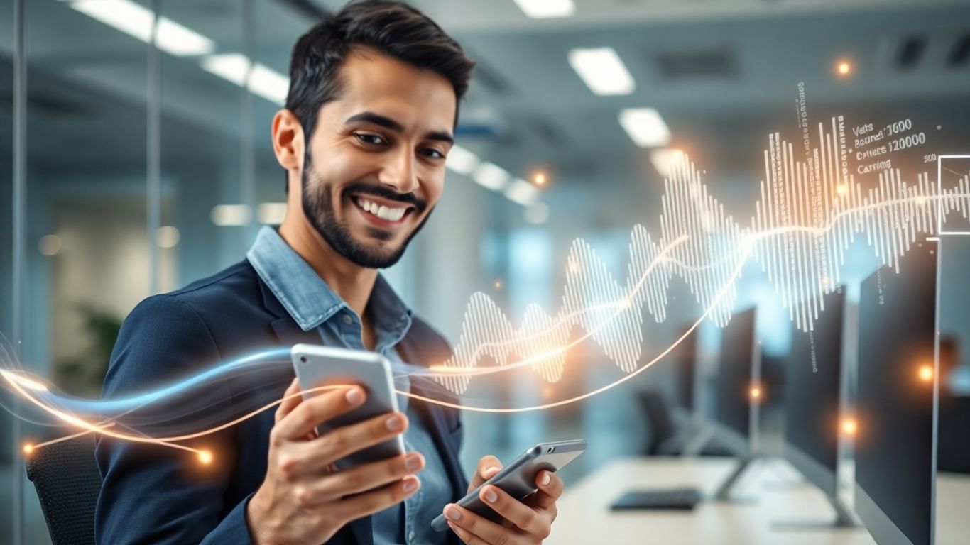 Business person using phone for efficient communication.