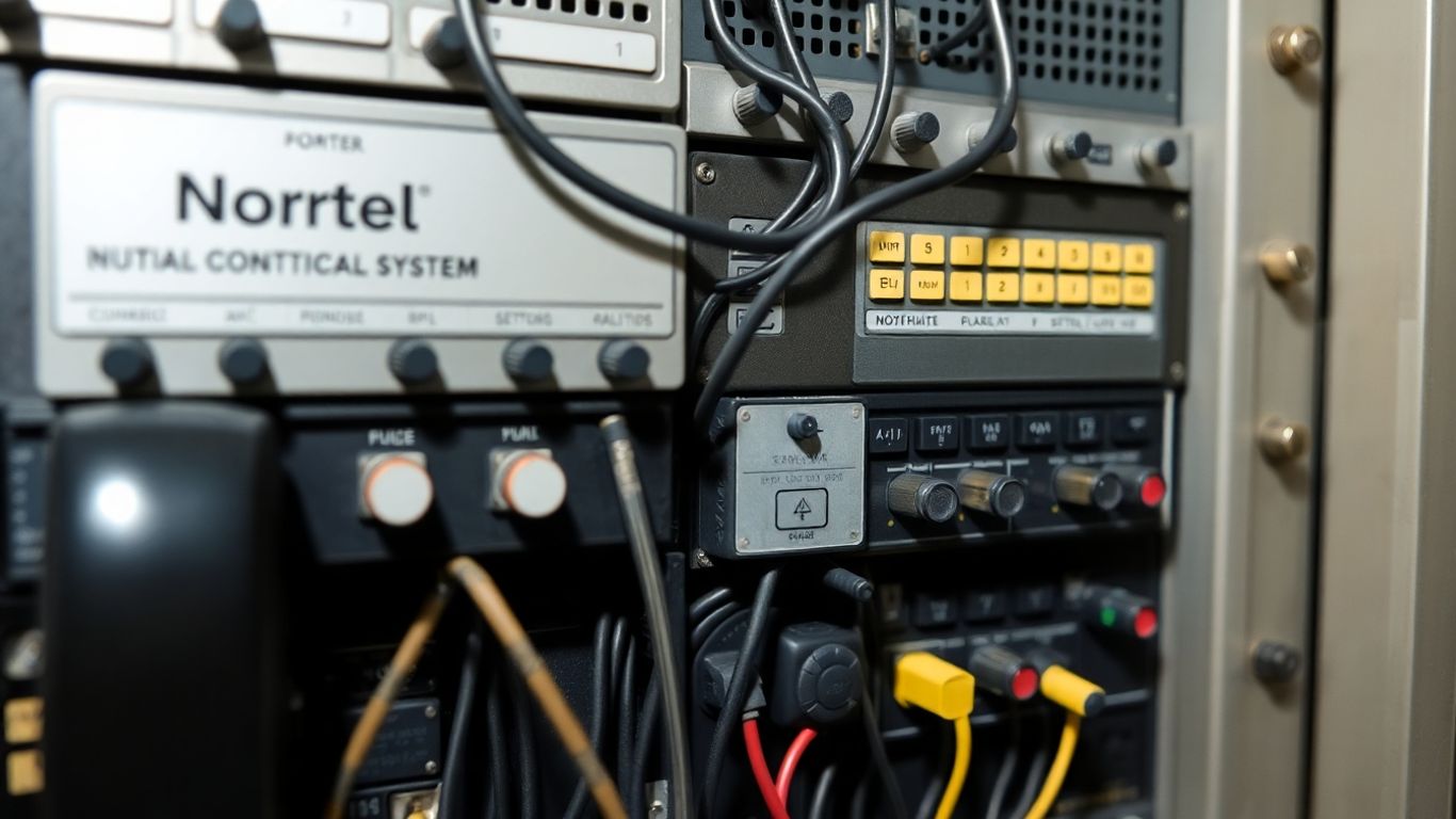 Nortel phone system control panel with wires and buttons.
