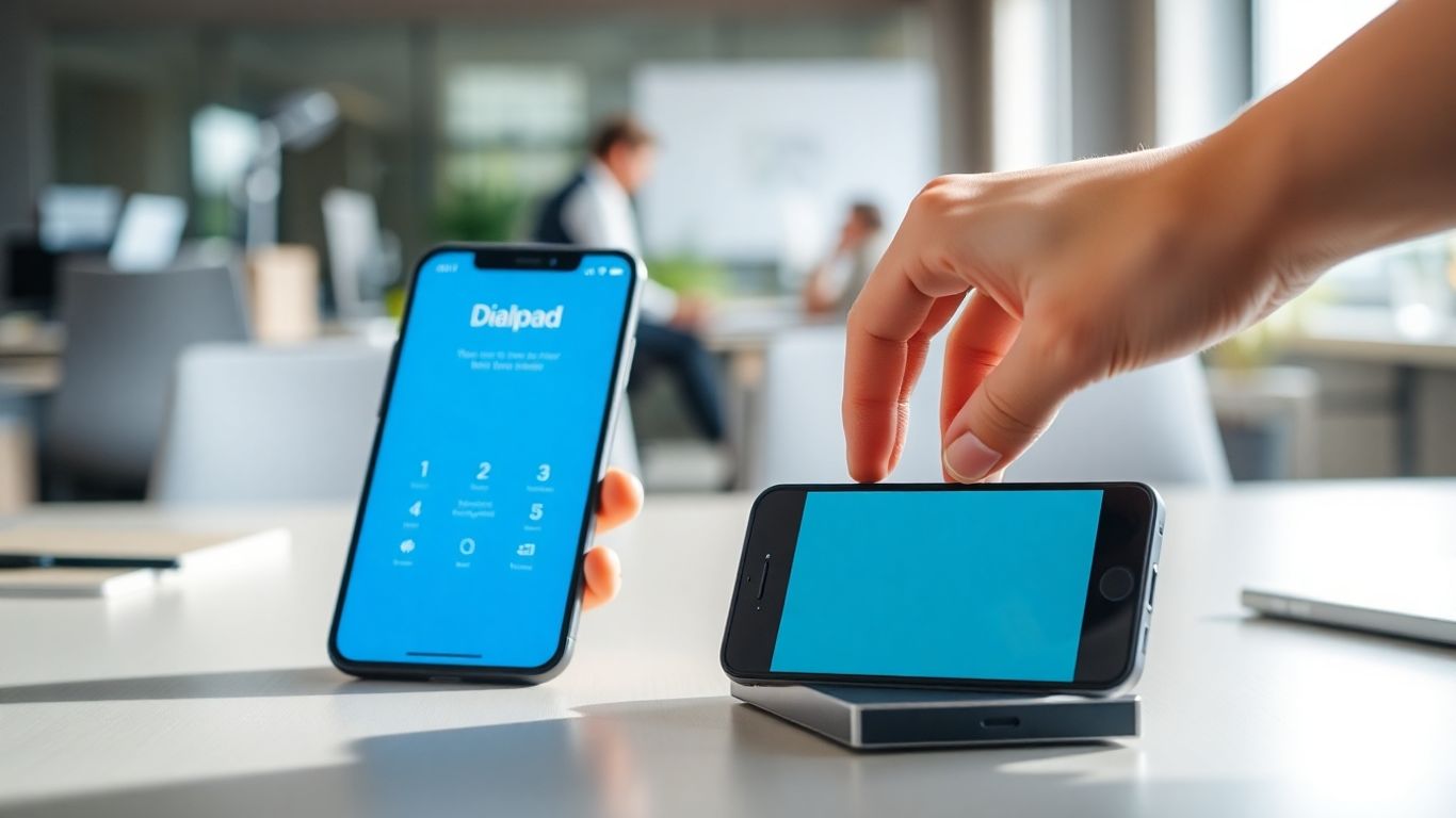 Dialpad app on a smartphone on an office desk.