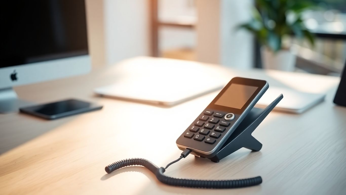 Modern phone on a desk in a business setting.