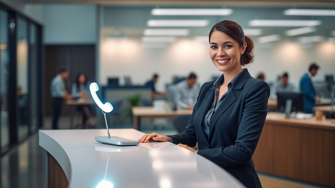 Office phone auto attendant system in a modern office.