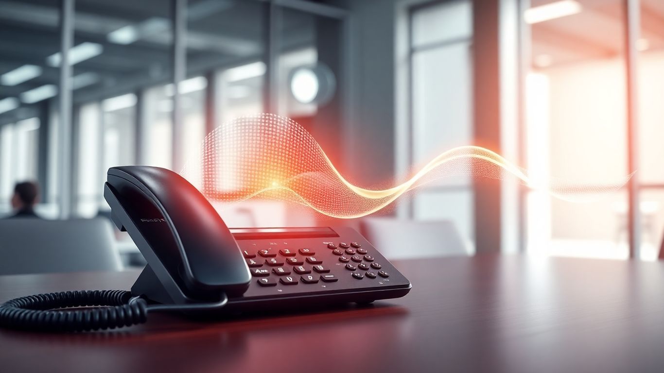 Office phone with sound waves, business communication