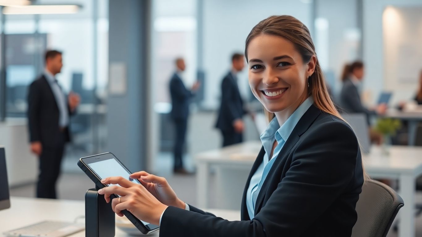 Professional using a modern auto-attendant phone system.