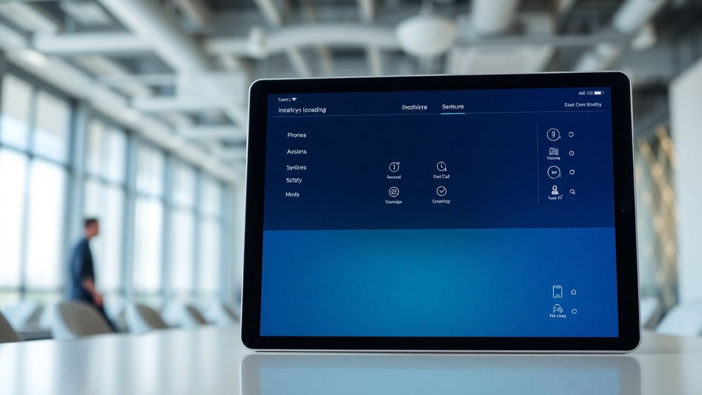 Modern phone system interface on a tablet in an office.