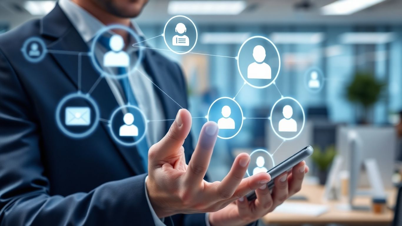 Business person using an AI-powered phone system interface.