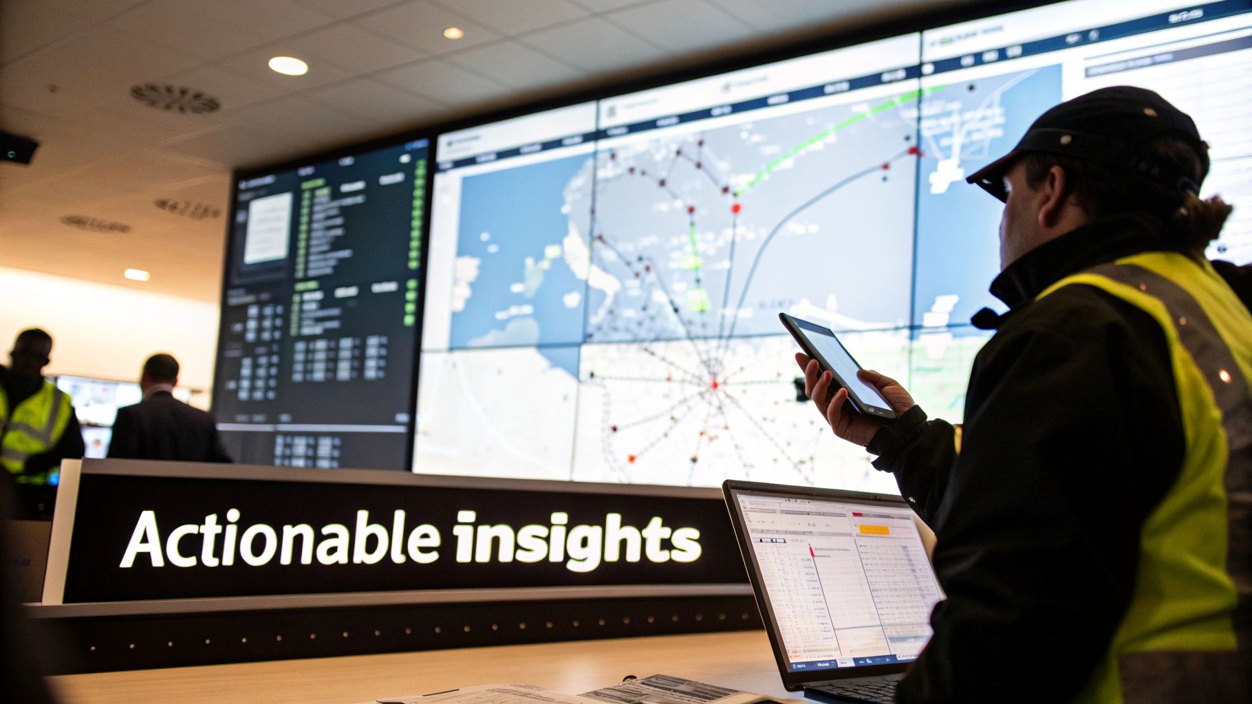 A person pointing at a screen showing network performance charts and graphs.