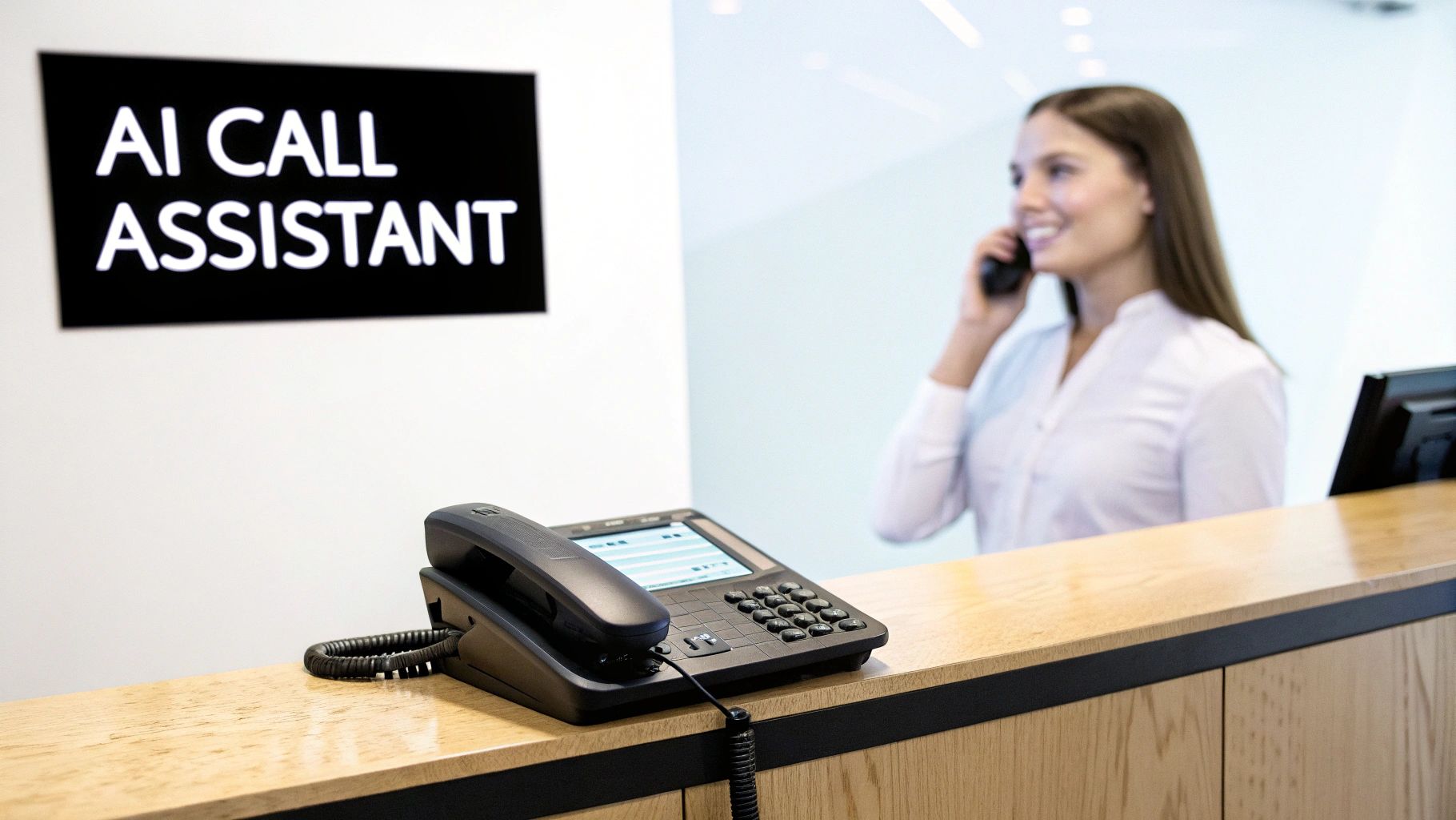 An AI bot icon interacting with phone call icons on a digital interface.