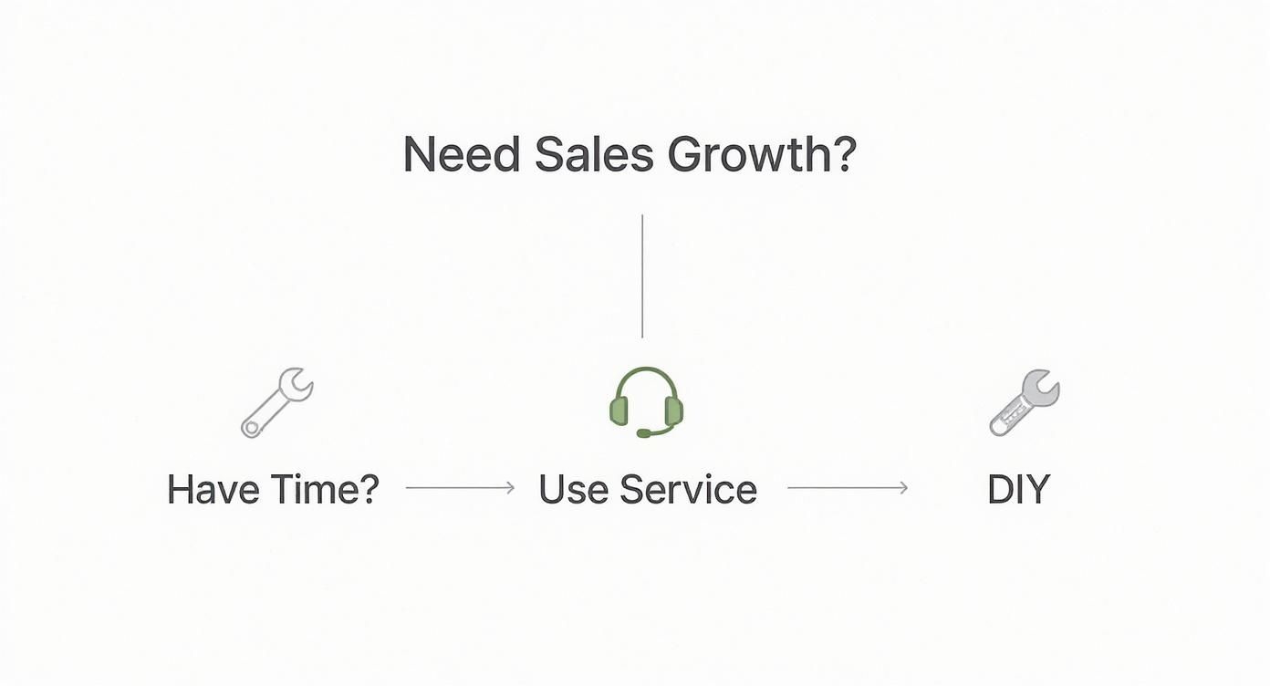 Decision flowchart showing three options for sales growth: have time, use service, or do it yourself