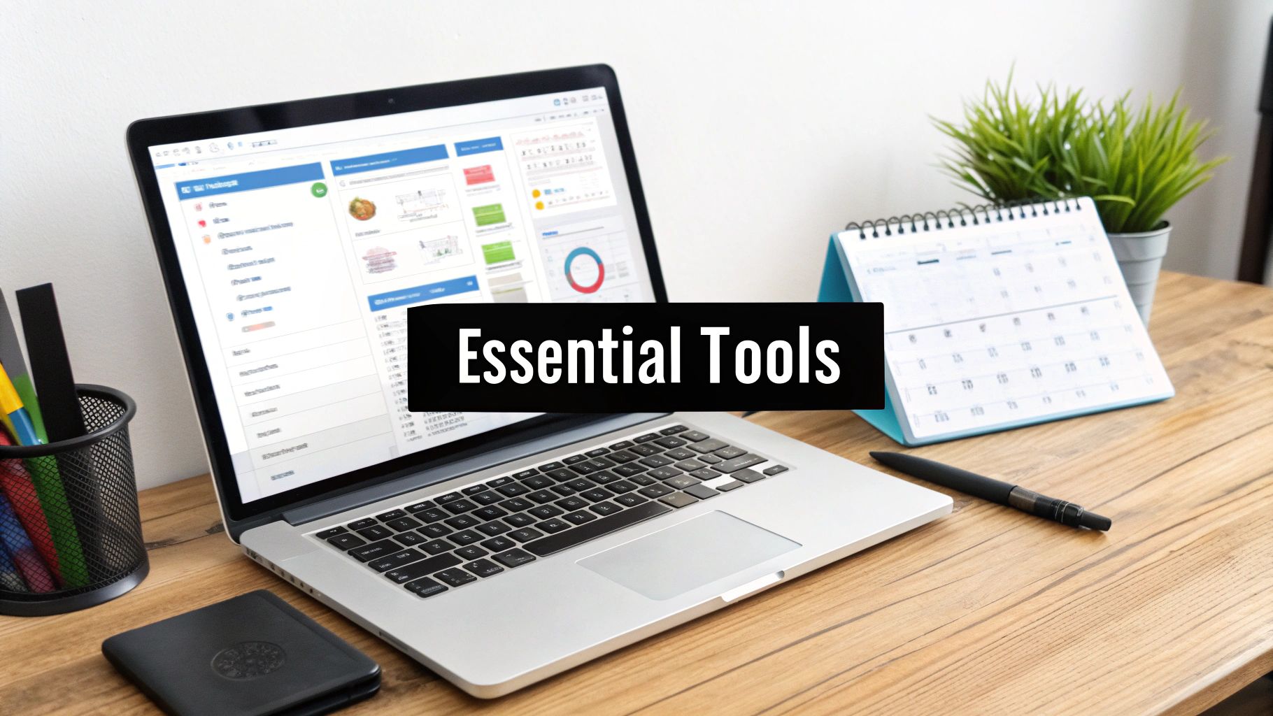 Laptop displaying essential business tools dashboard on wooden desk with calendar and office supplies