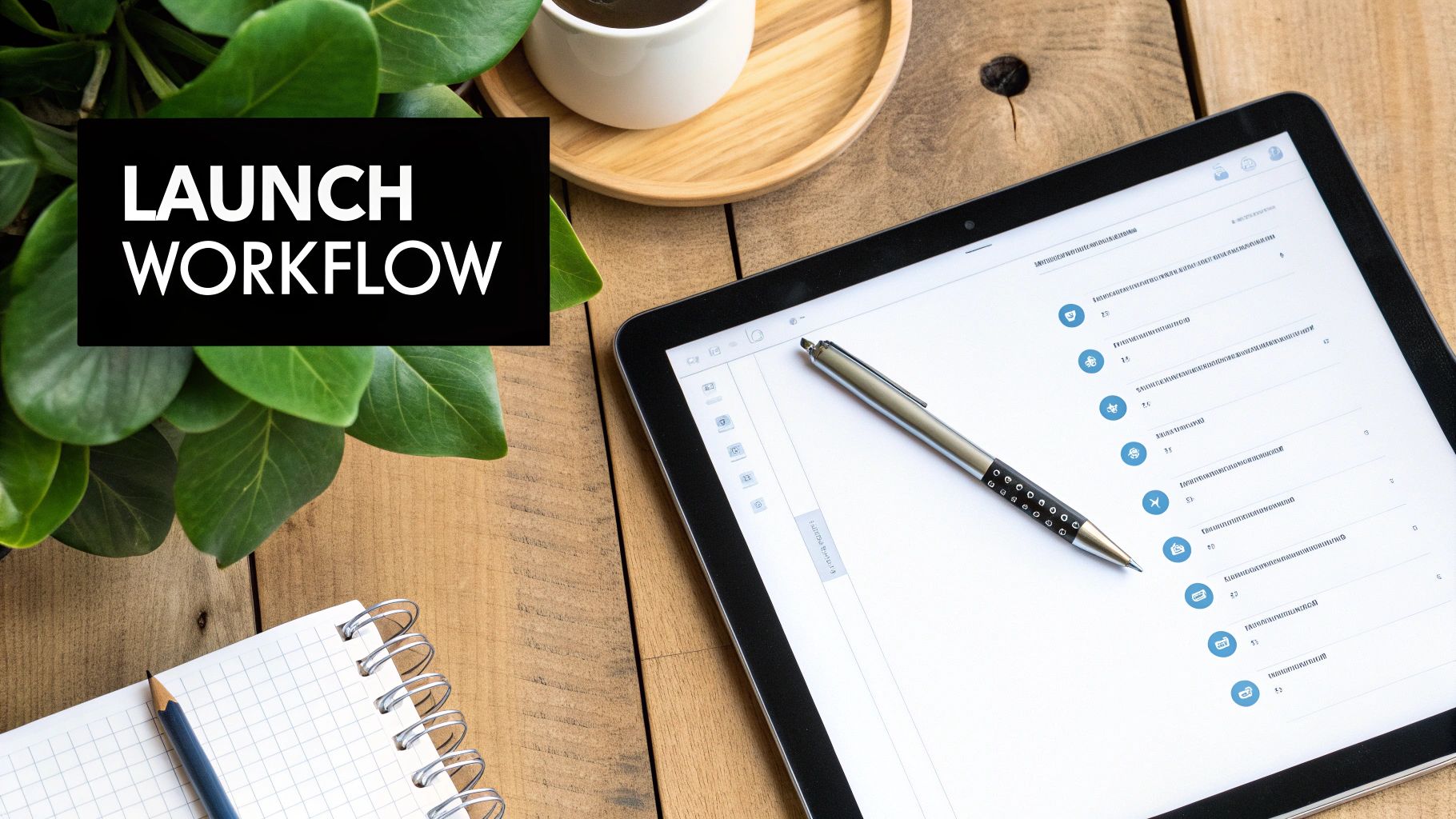 Digital tablet displaying workflow checklist with pen on wooden desk next to coffee and notepad