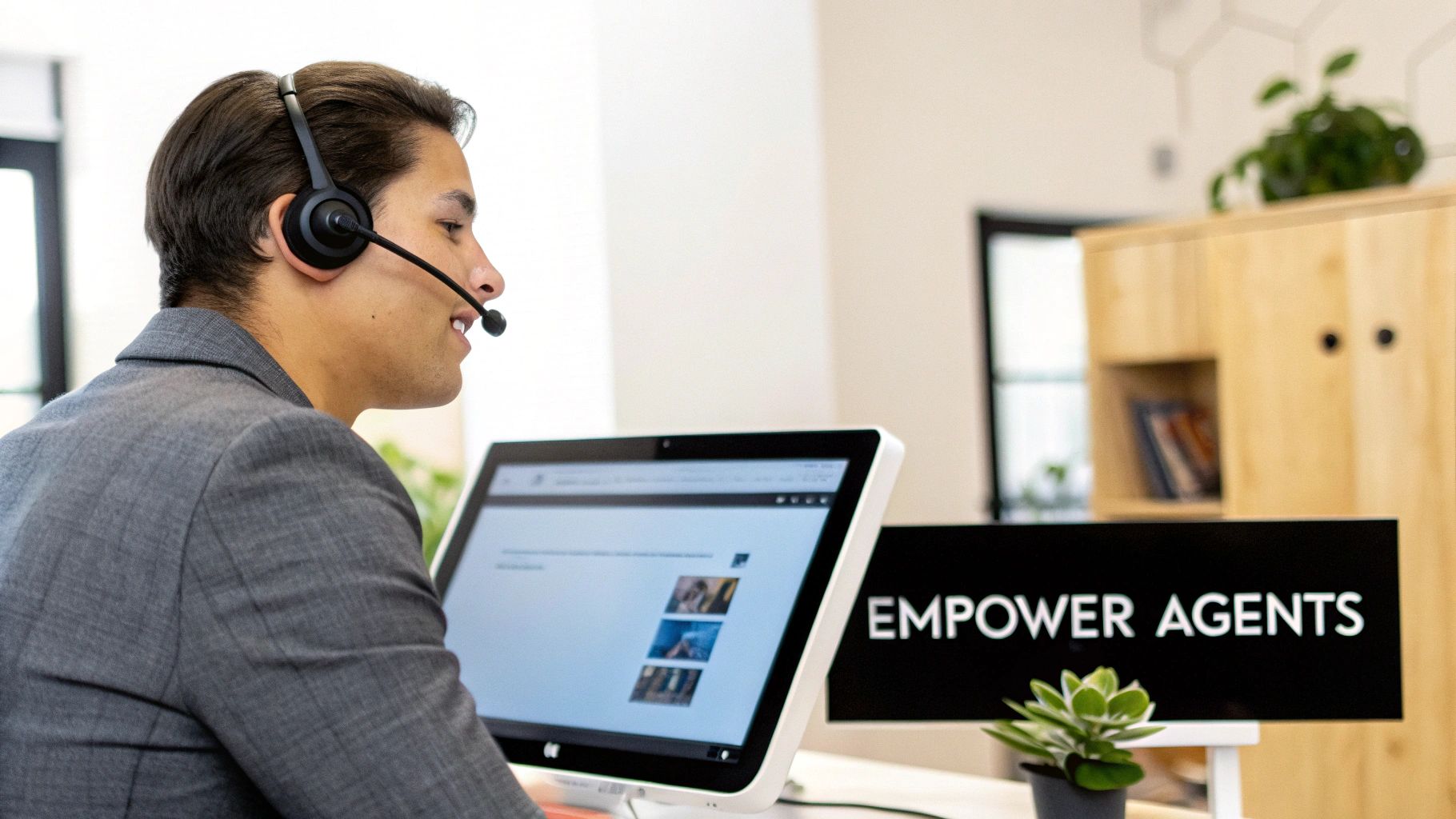 Call center agent wearing headset working on computer with empower agents sign in modern office