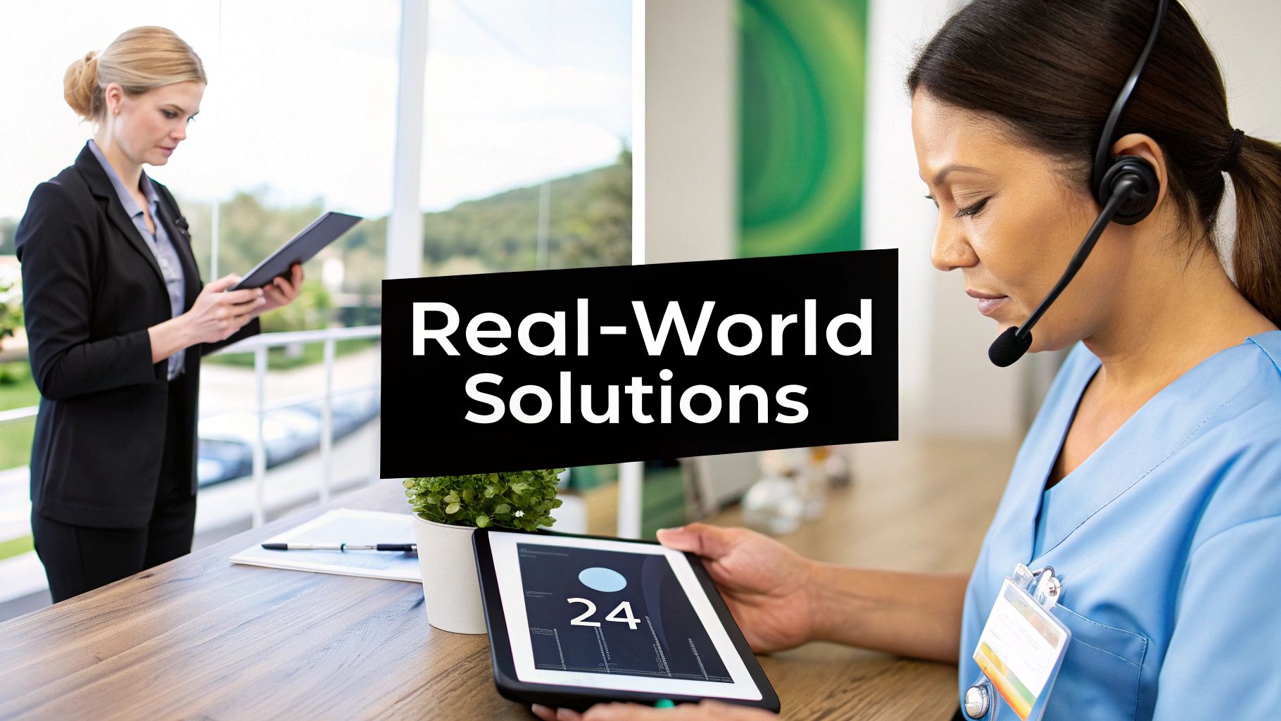 Professional women using tablets and headsets providing real-world customer service solutions in modern workplace