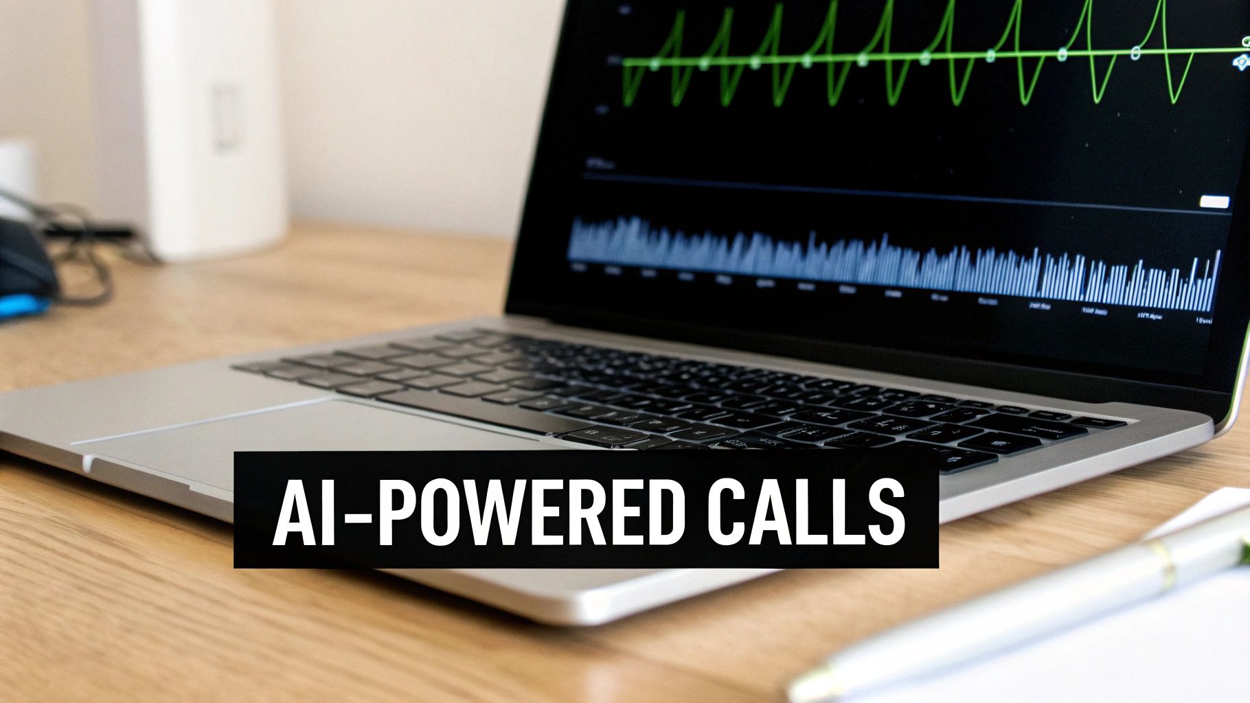 Laptop displaying audio waveforms and AI analytics with text overlay reading AI-powered calls