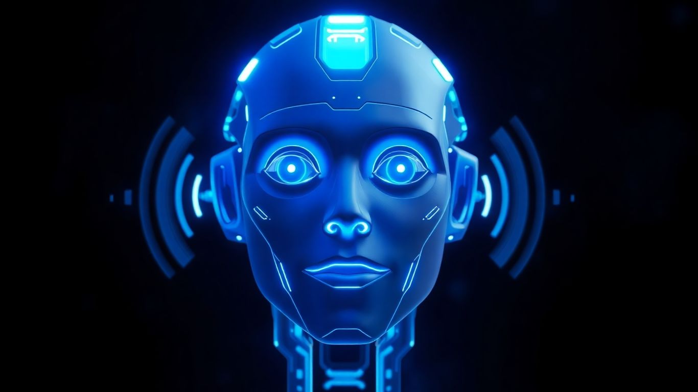 Futuristic AI head with sound waves