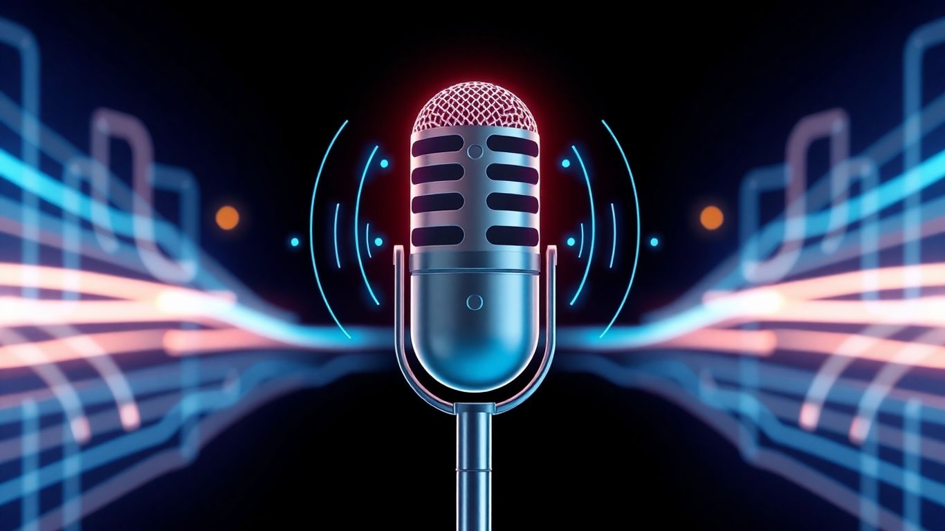 Voicebot interface with sound waves and futuristic background.