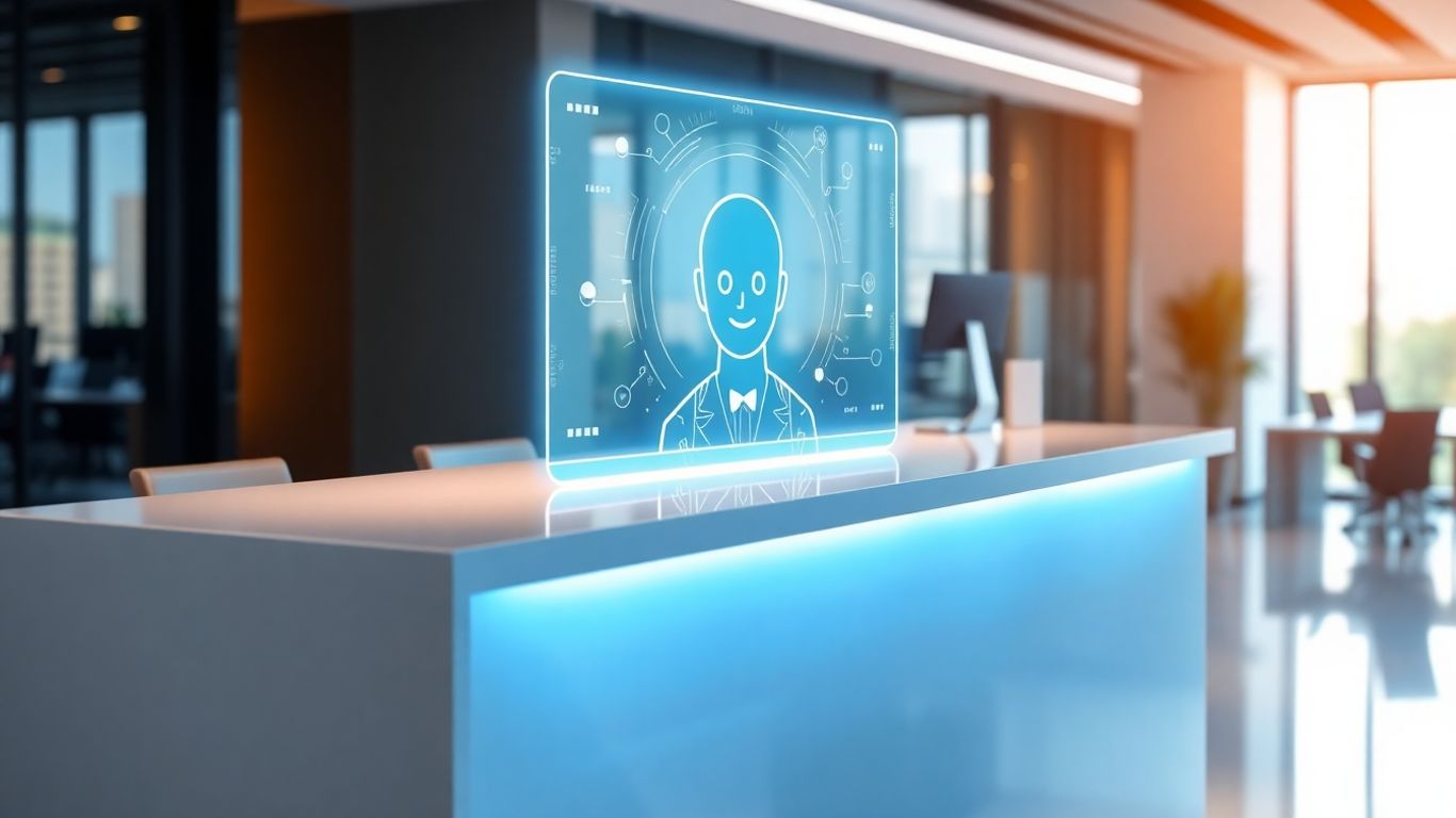 AI assistant at a futuristic front desk.