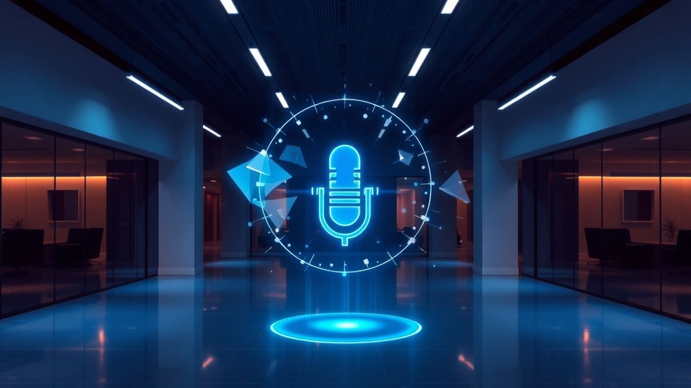 AI voicebot interface in a modern enterprise office.