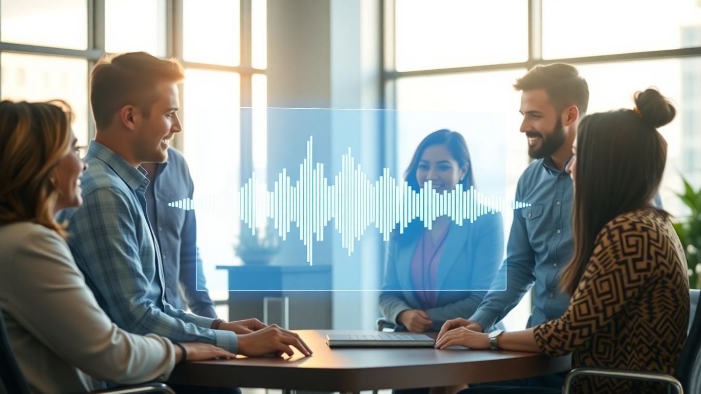 Team collaborating on AI voicebot technology interface.