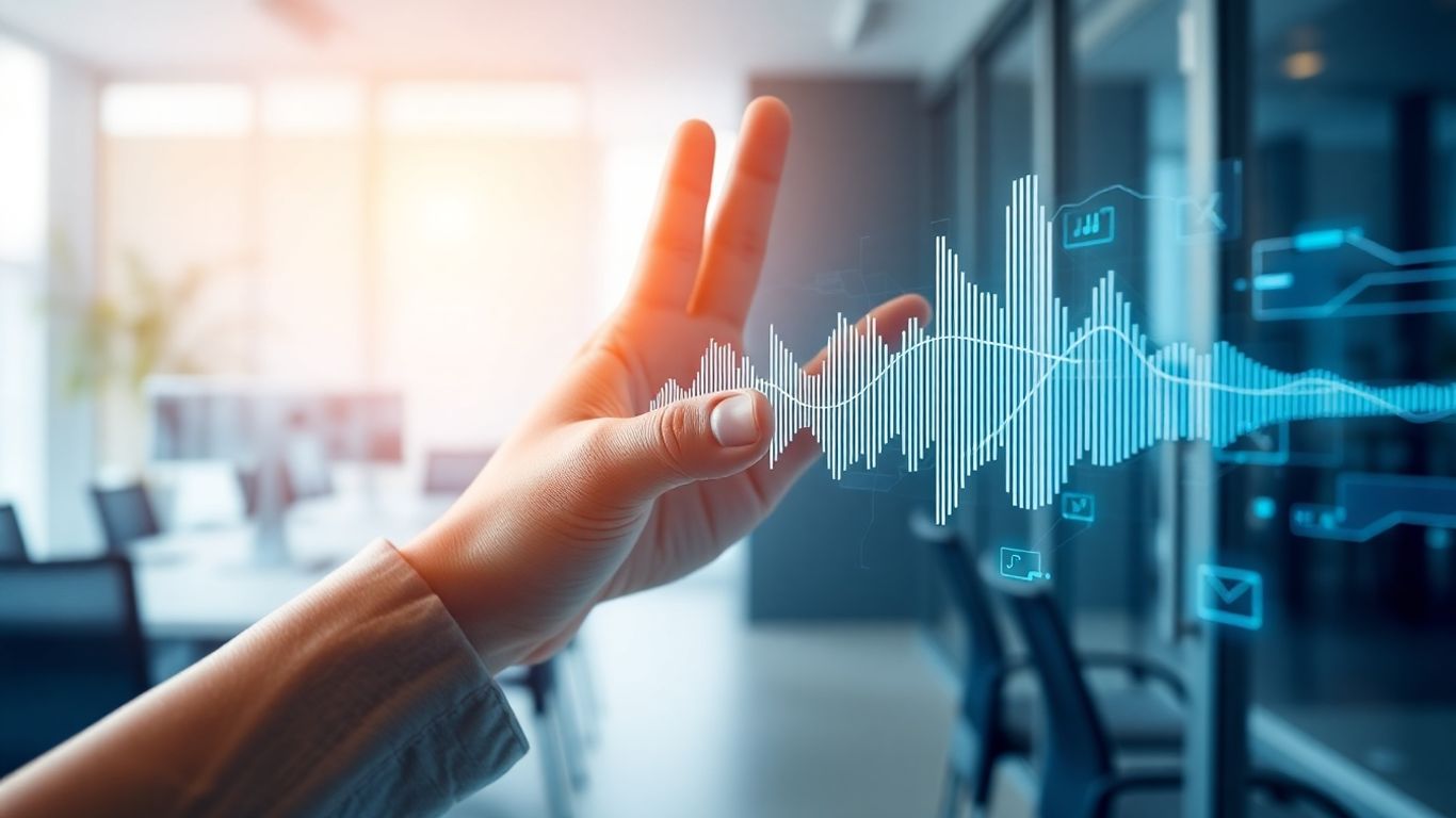 AI voicebot development interface with sound waves.