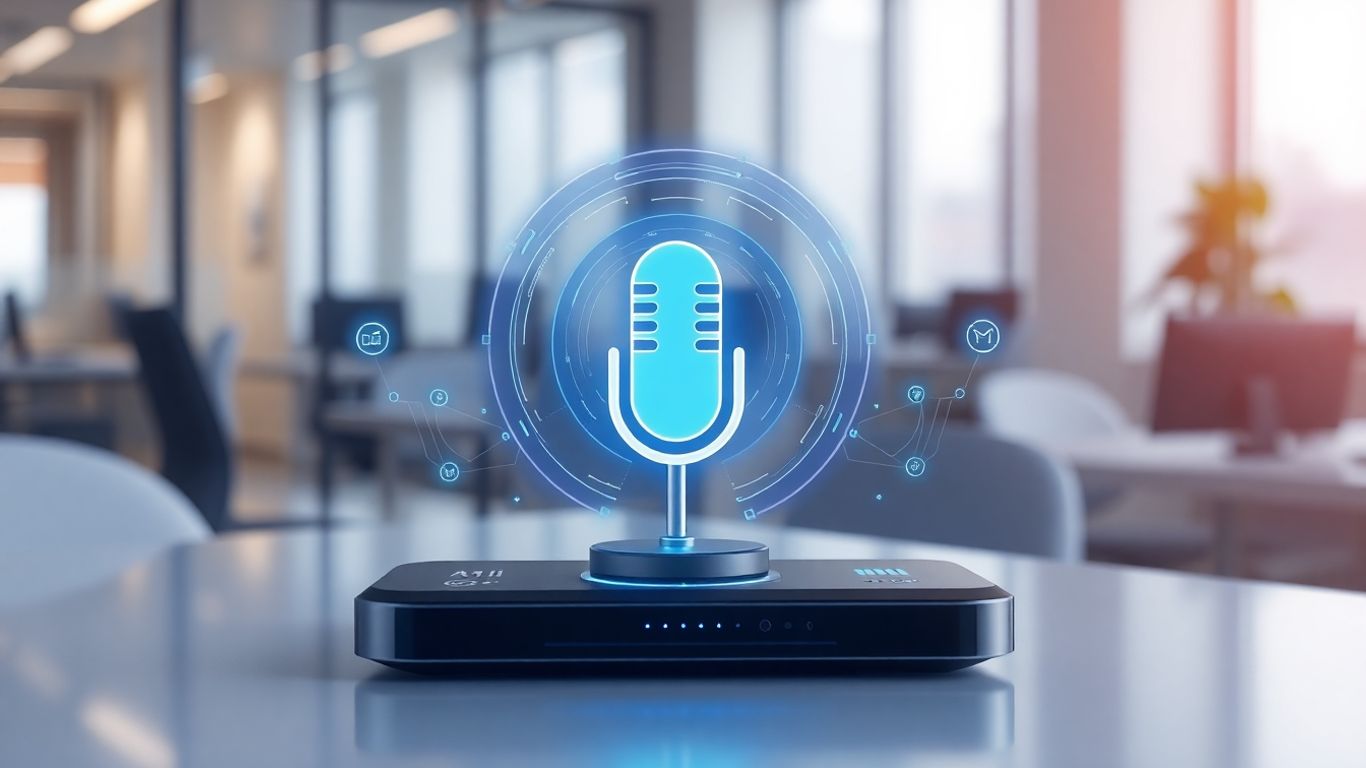 AI voicebot interface on a futuristic desk