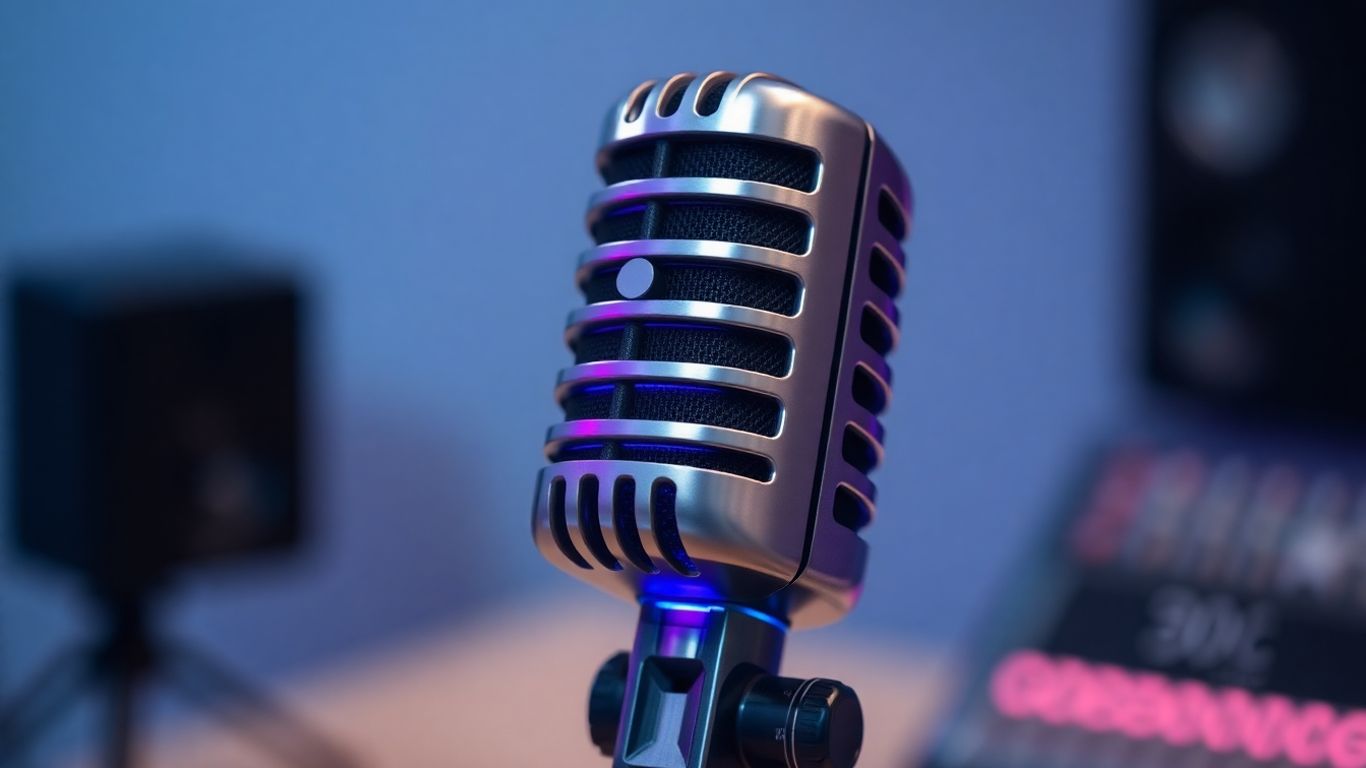 Modern microphone with blue and purple light.