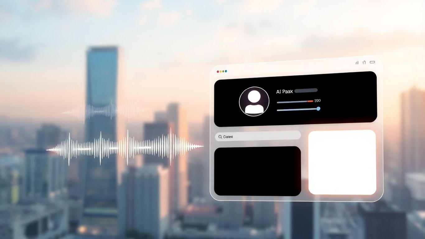 AI voicebot interface with soundwaves and futuristic city background.