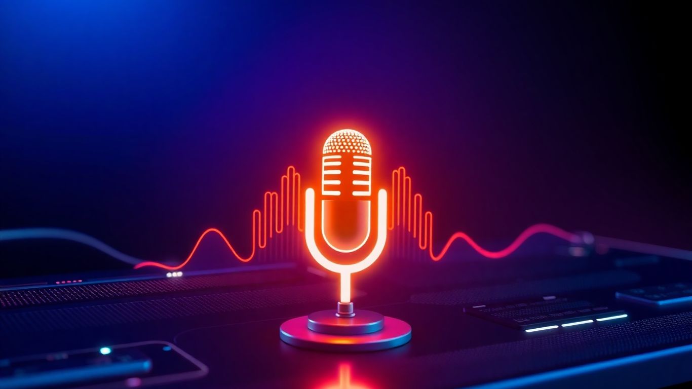 AI voicebot interface with sound waves and microphone.