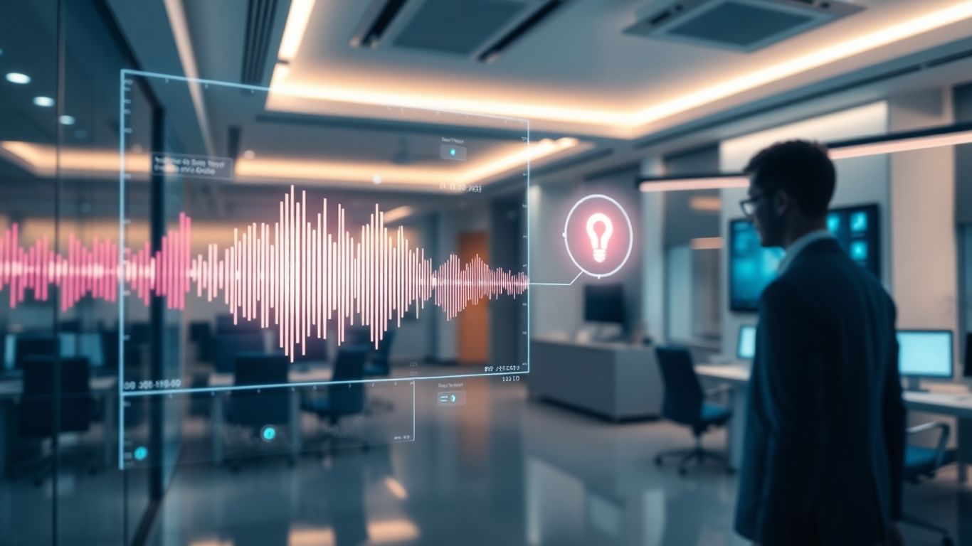 Fintech office with AI interface and sound waves.