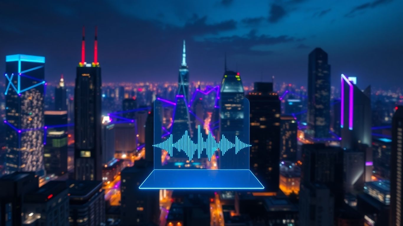 Futuristic cityscape with glowing connections and sound waves.