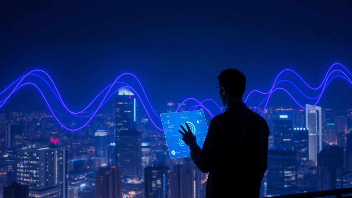 Futuristic cityscape with sound waves and holographic interface.