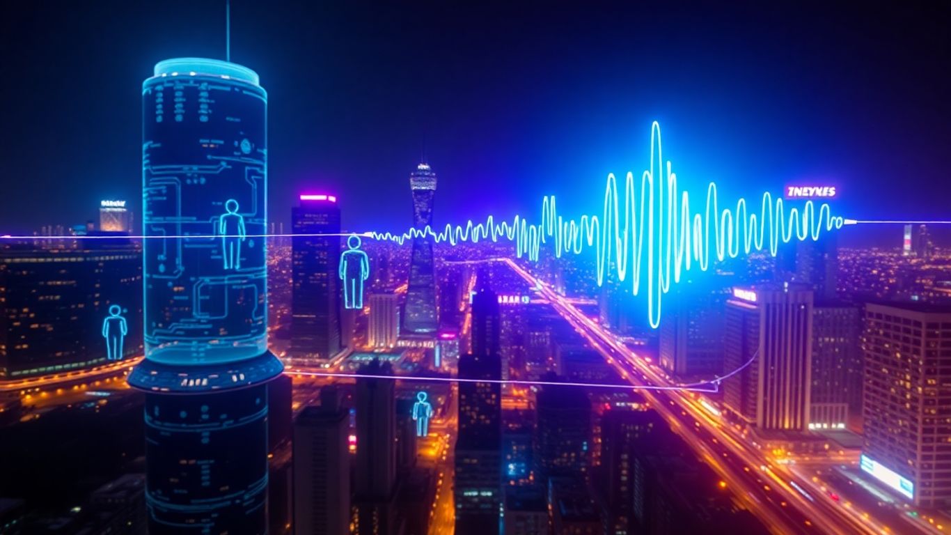 Futuristic cityscape with glowing connections and voice wave.