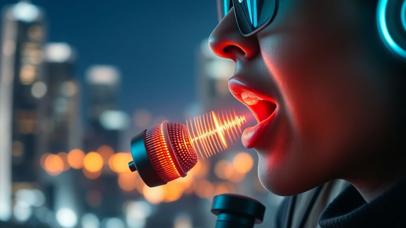 Person speaking into microphone with sound waves