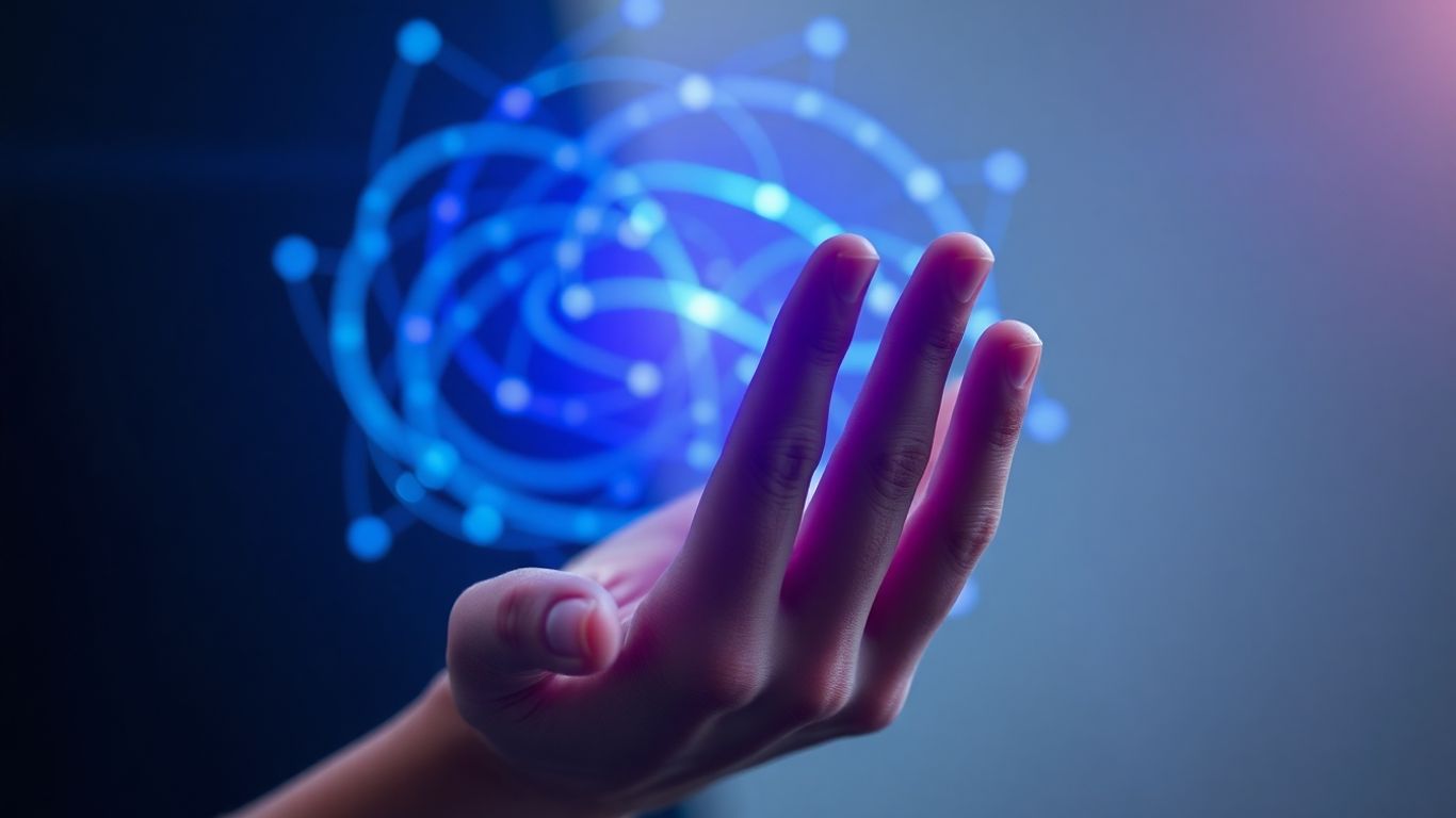 Human hand touching abstract AI light