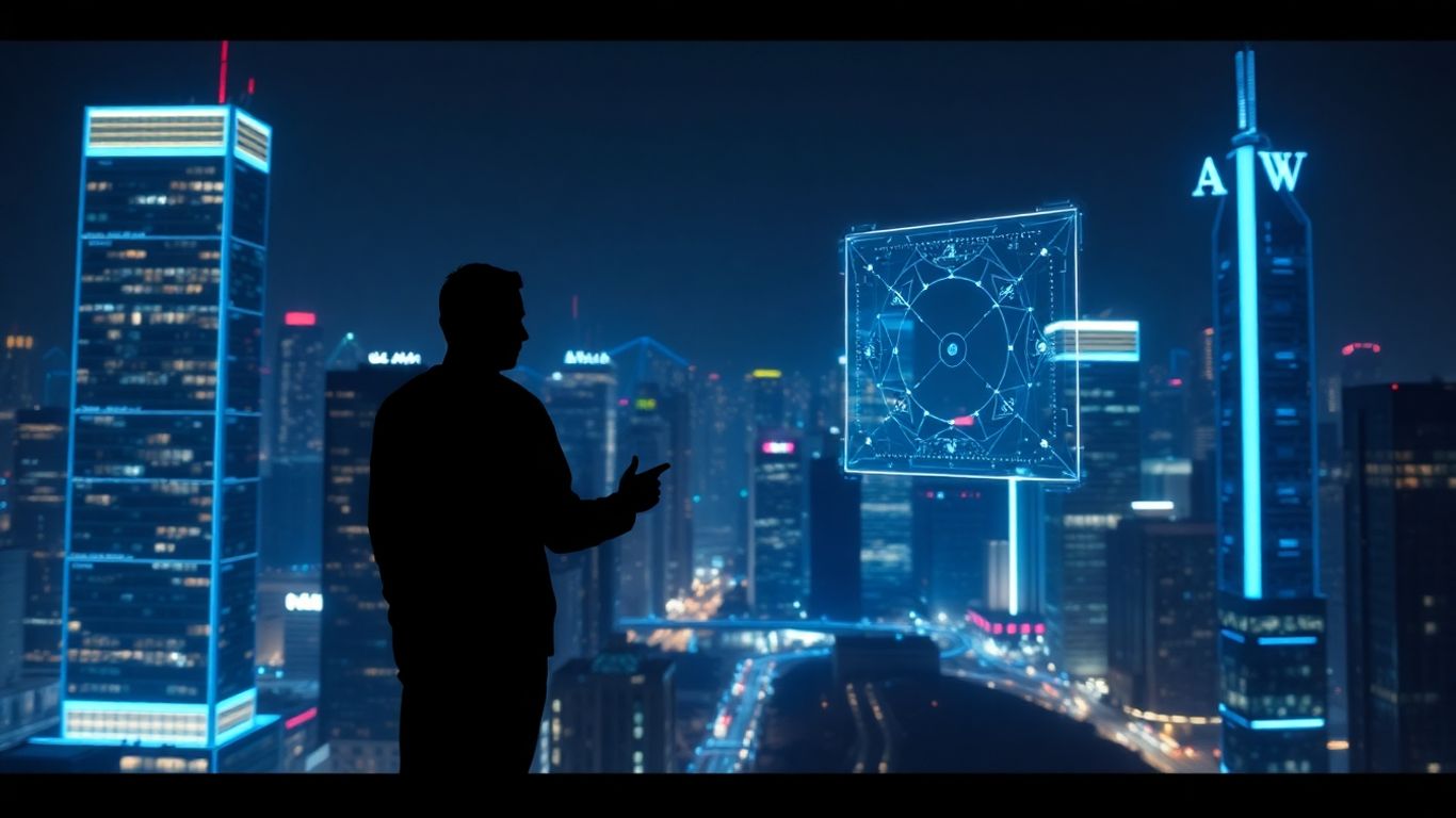 Futuristic cityscape with glowing AI connections and human interface.