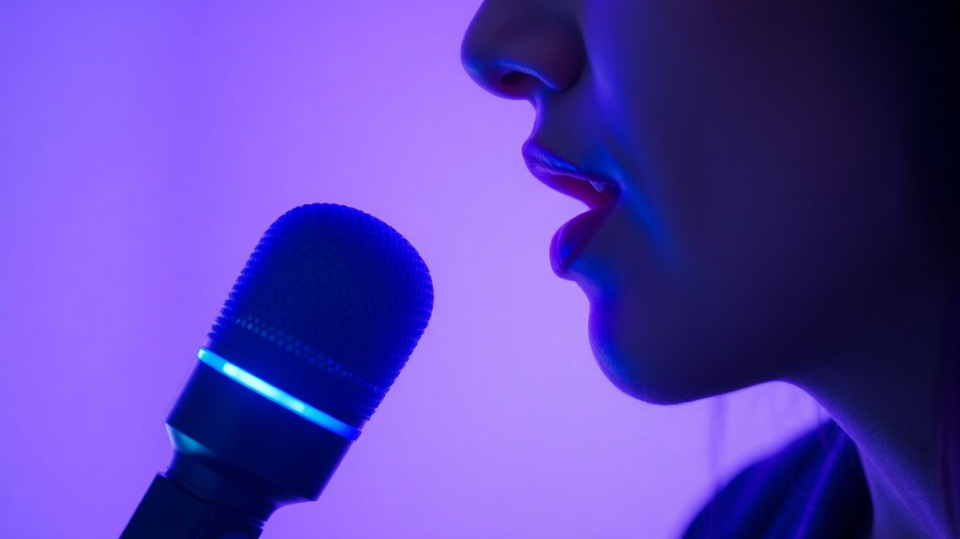 Person speaking into a glowing AI voicebot microphone.