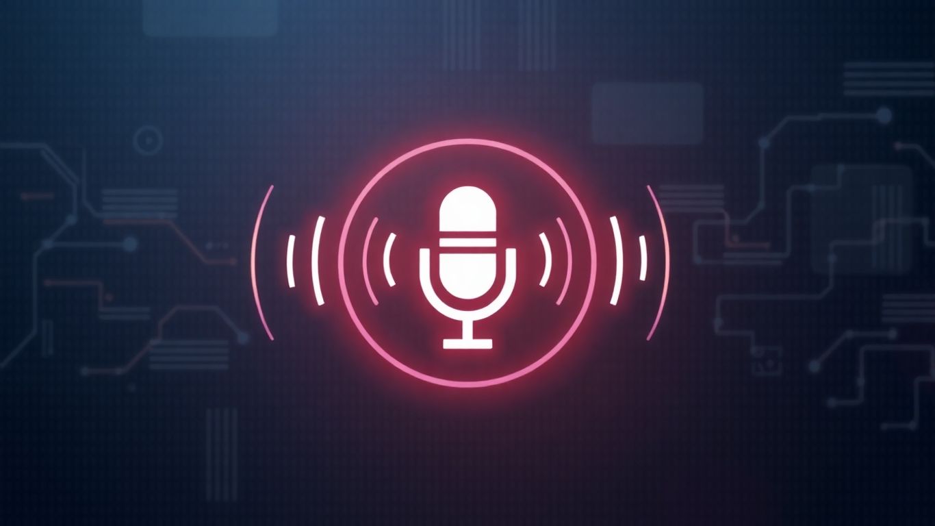 Voicebot interface with sound waves and futuristic pattern.