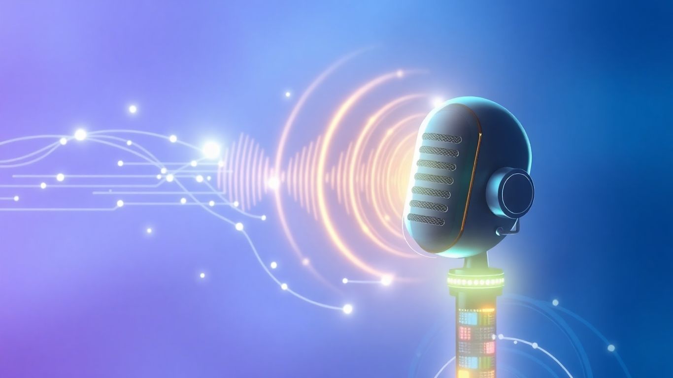 Futuristic voicebot interface with sound waves and digital patterns.