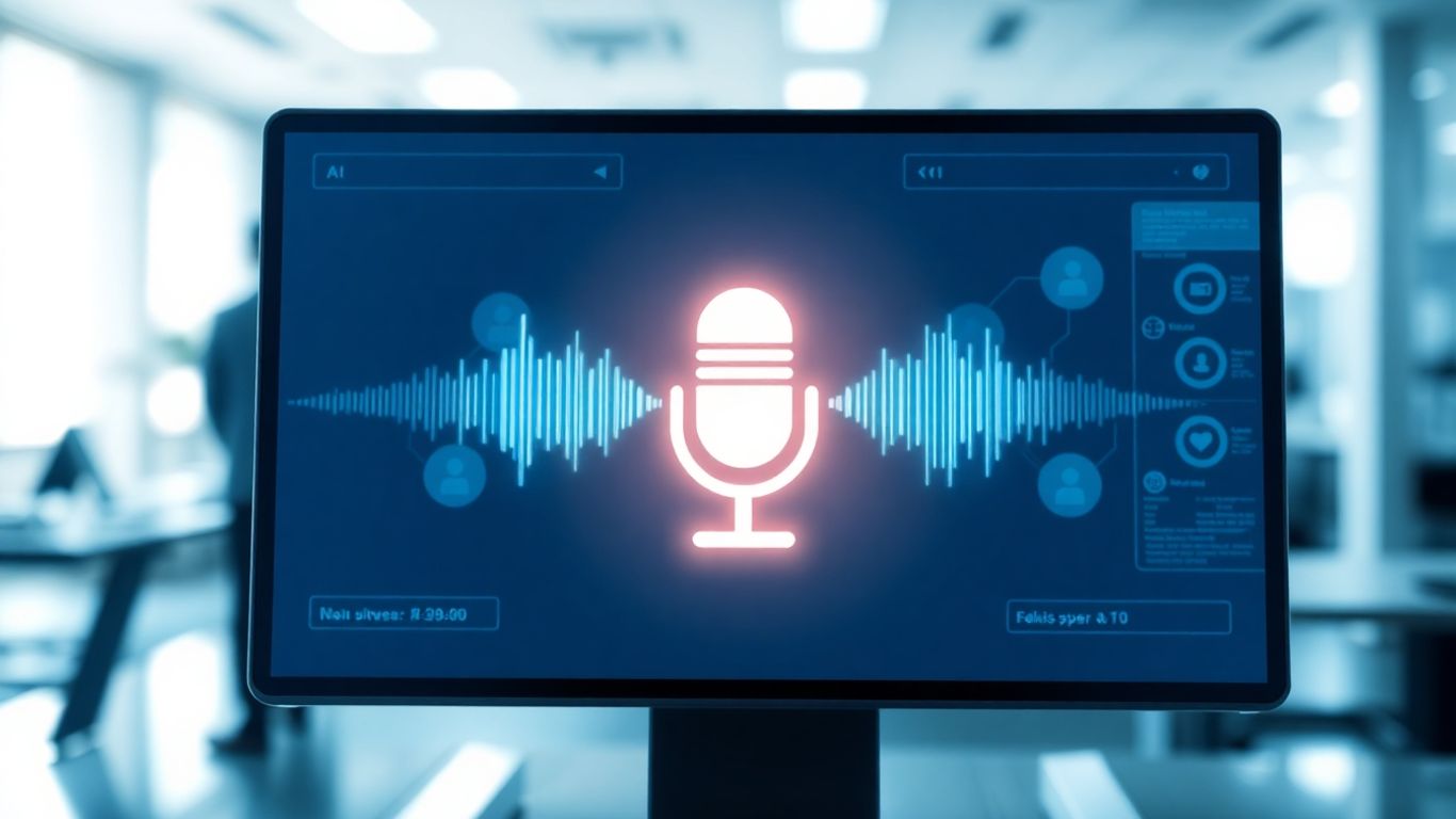 Voicebot AI interface with sound waves and office background.