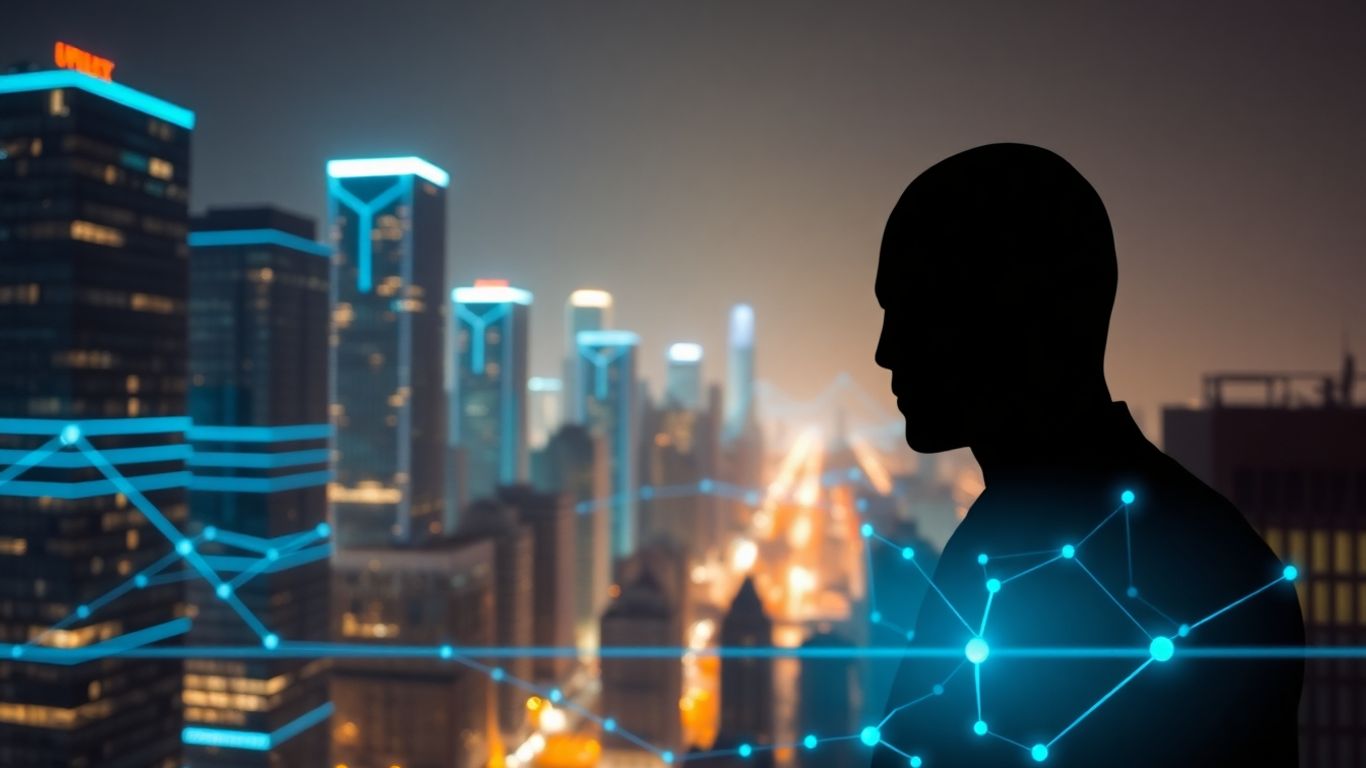 Futuristic cityscape with glowing AI connections