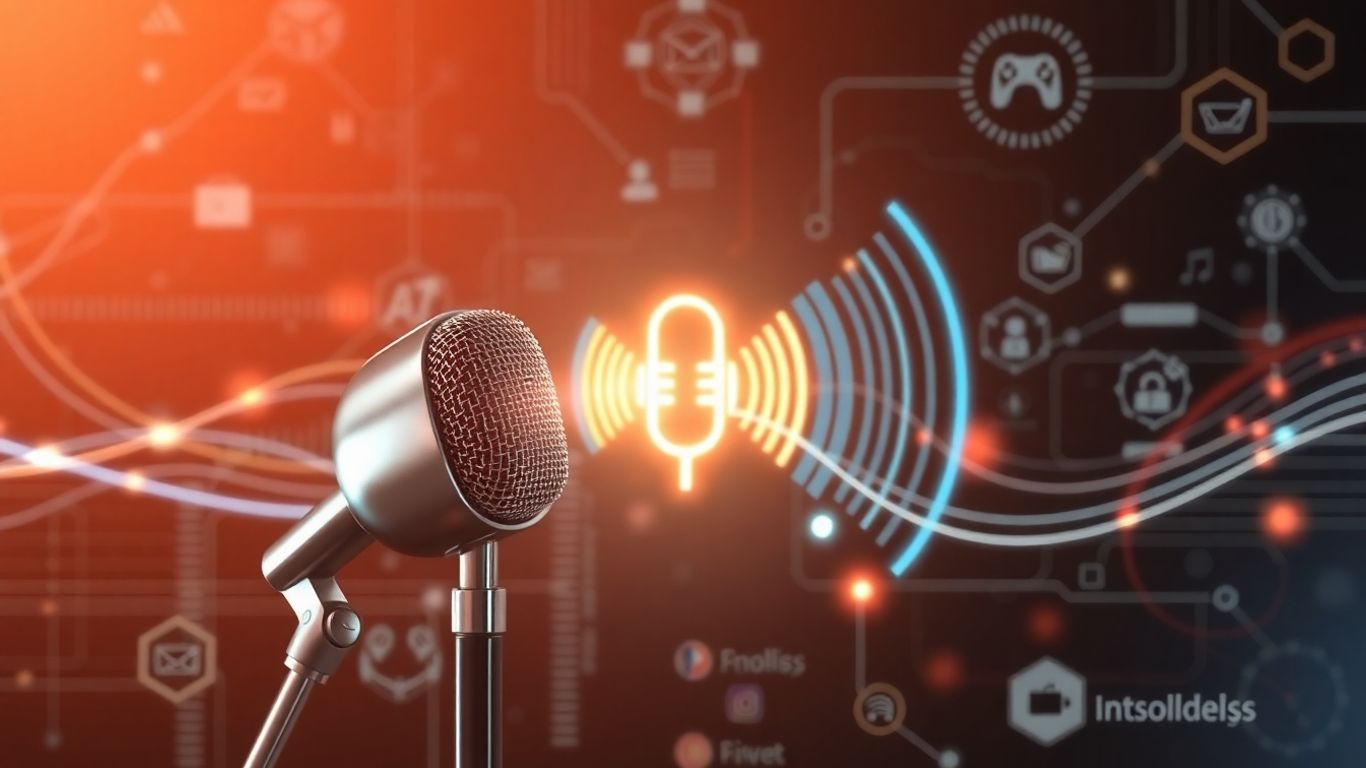 AI voicebot interface with soundwaves and industry icons.