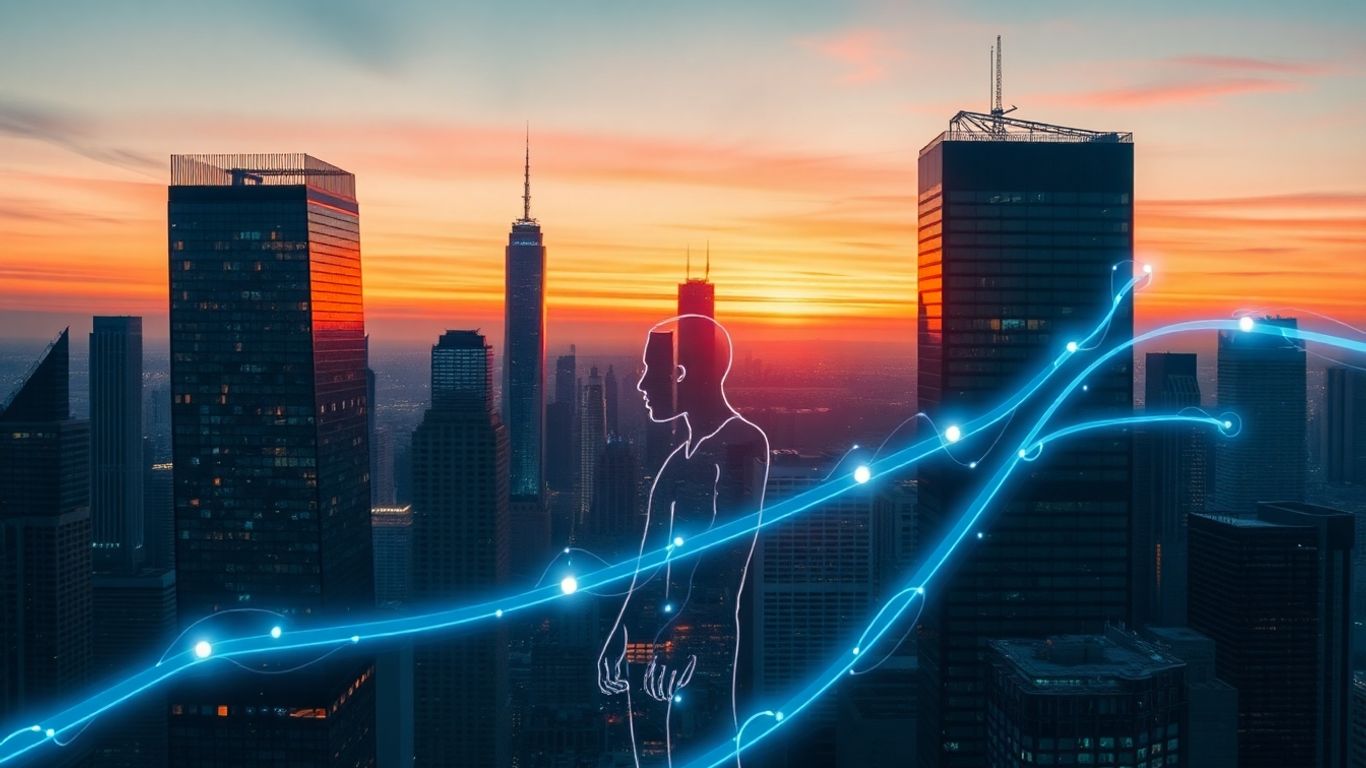 Futuristic cityscape with AI voicebot integration.