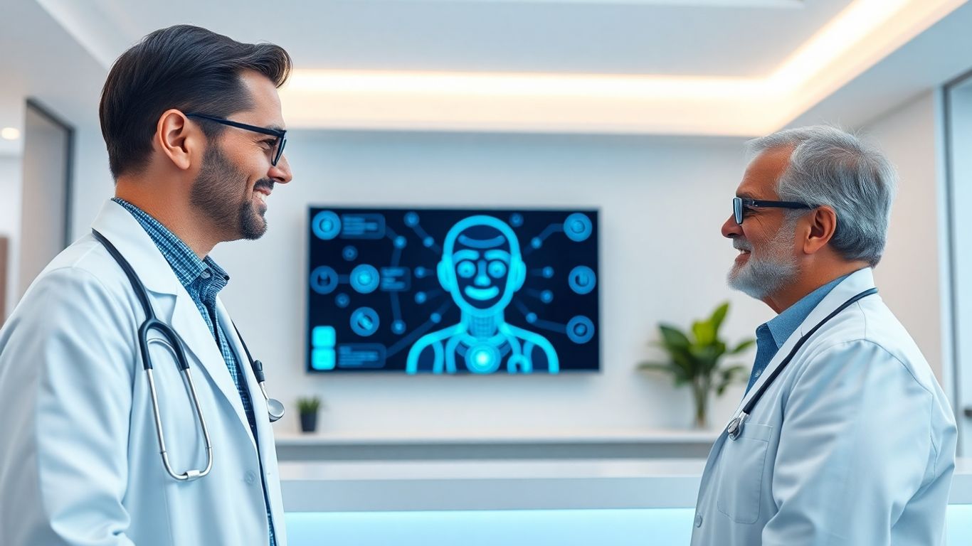 AI receptionist assisting doctor and patient in clinic.