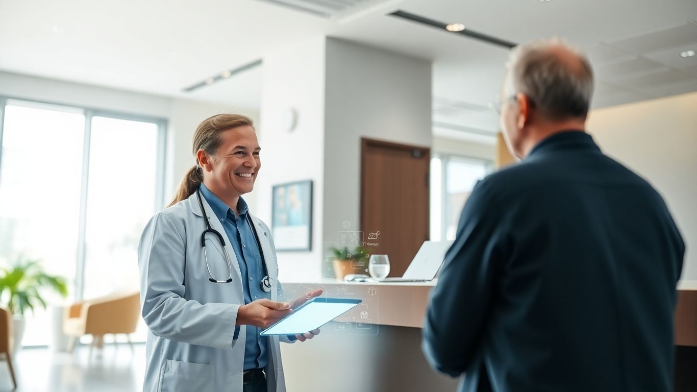 Doctor and patient in clinic with futuristic technology interface.