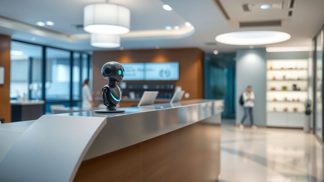 Voicebot interface in a modern medical clinic reception.